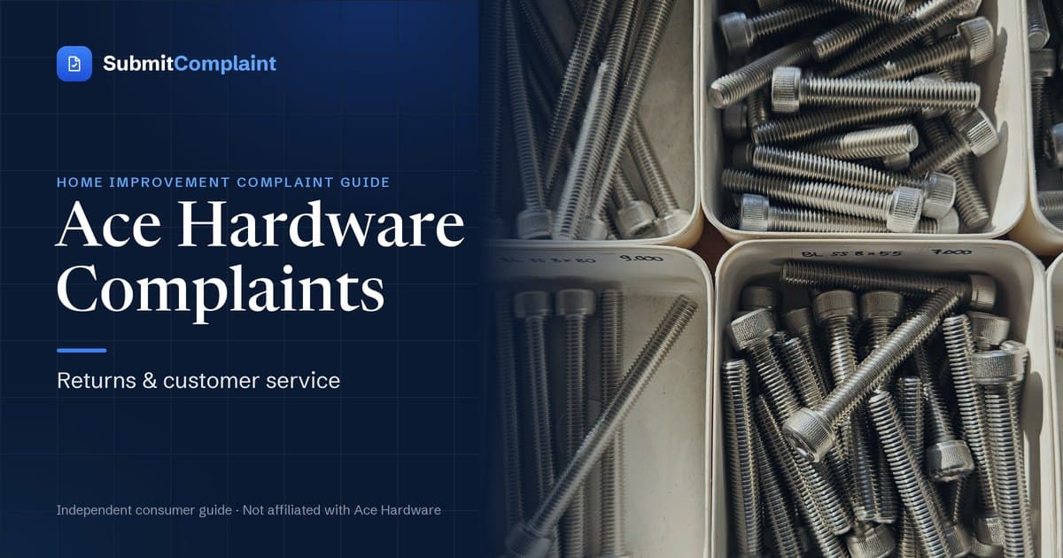 Ace Hardware Complaints guide cover showing bins of stainless steel bolts in a hardware store