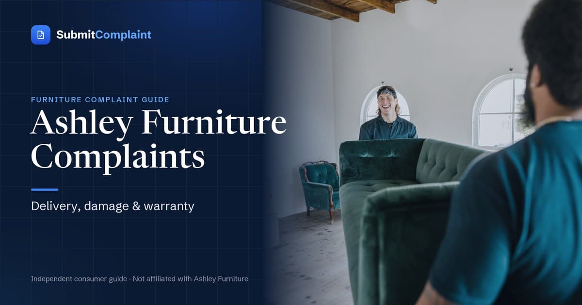 Ashley Furniture Complaints guide cover showing two movers carrying a green sofa into a home with delivery boxes