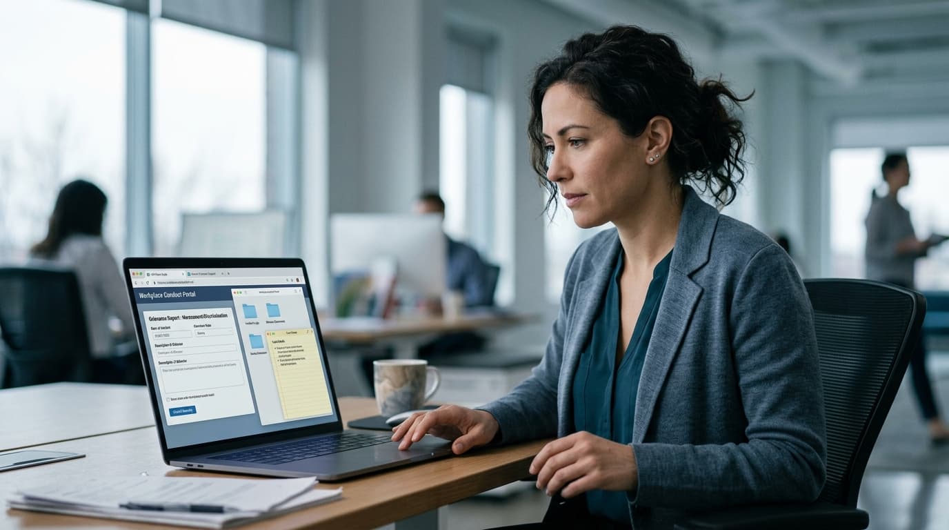 Professional documenting and filing a workplace harassment complaint online
