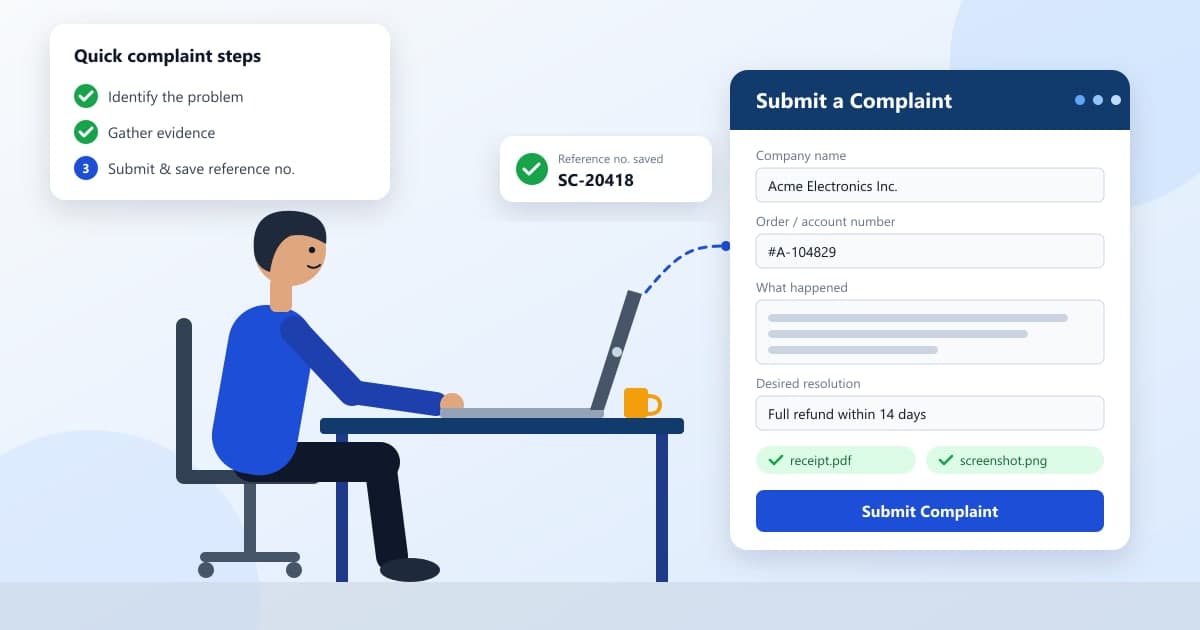 Person submitting a complaint online against a company using a laptop
