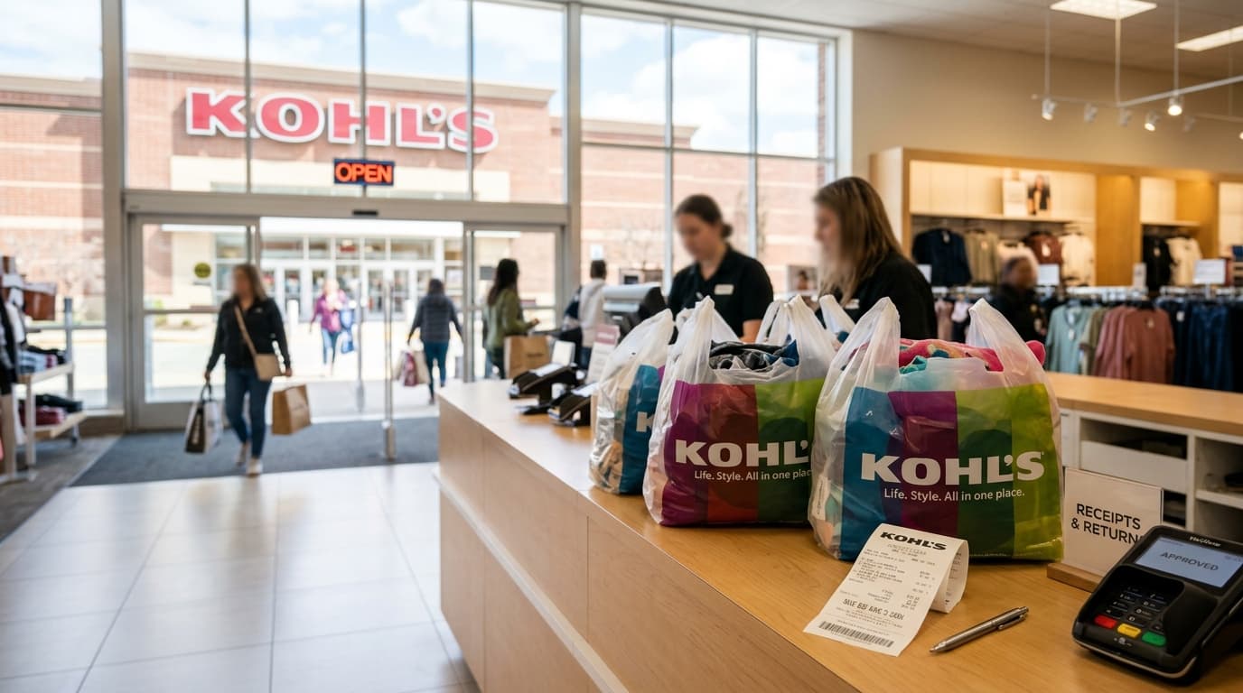 Kohl's customer service desk showing receipts, returns, and shopping bags