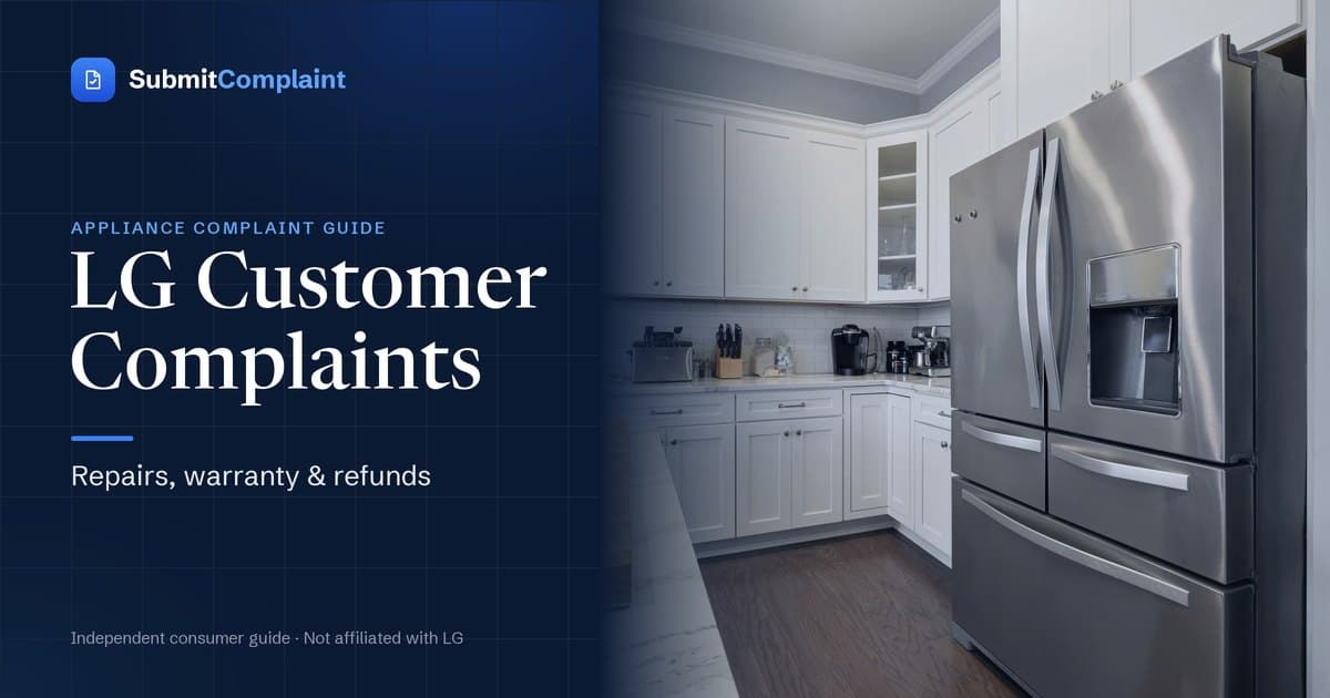 LG Customer Complaints guide cover showing a stainless steel French-door refrigerator in a white kitchen