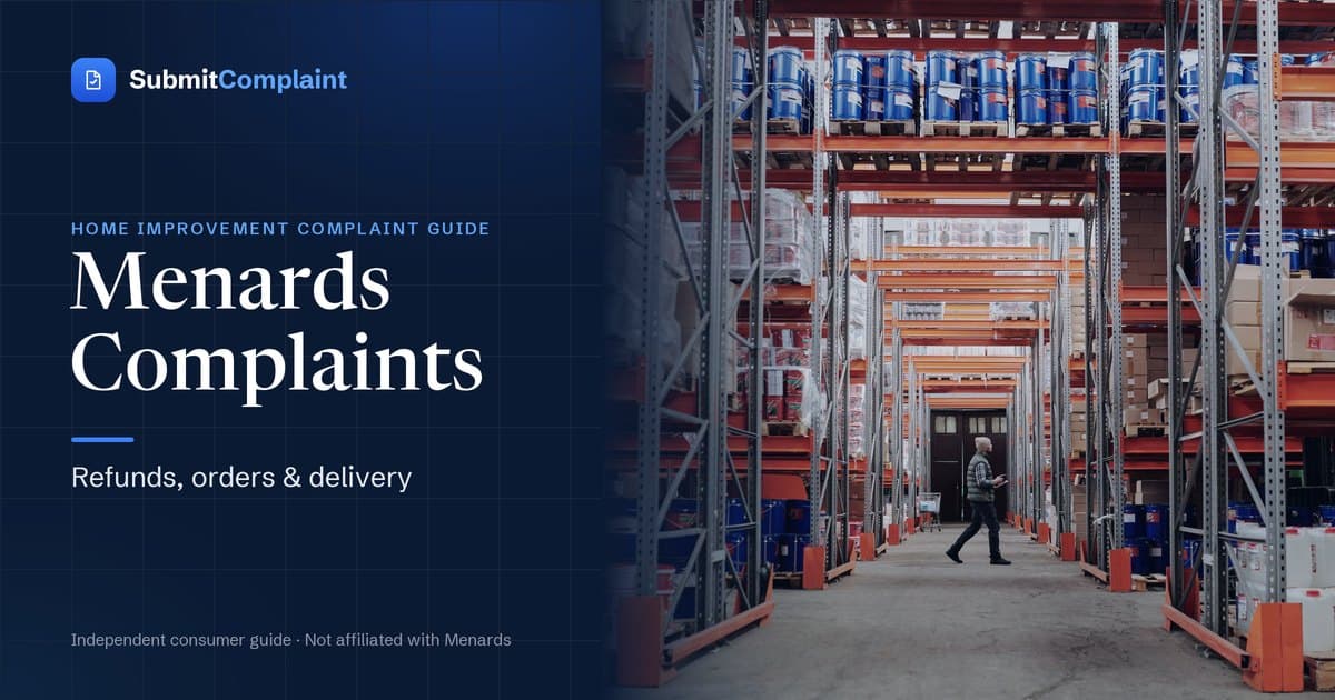 Menards Complaints guide cover showing a shopper walking down a home improvement warehouse aisle with tall orange racking