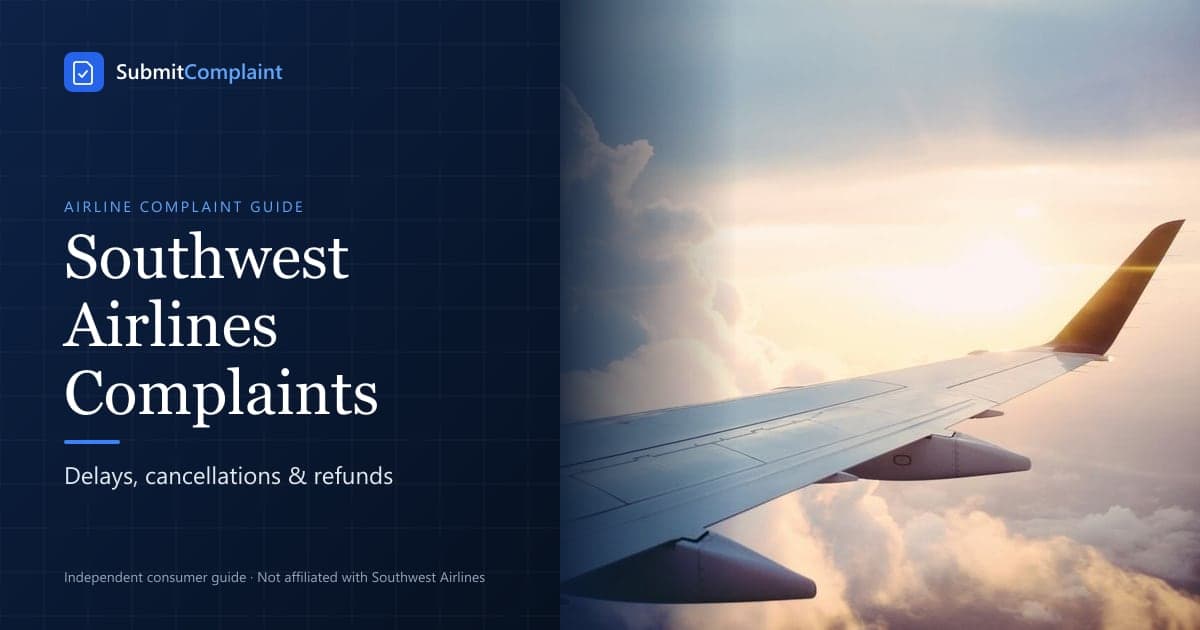 Southwest Airlines Complaints guide cover showing an airplane wing above the clouds at sunrise