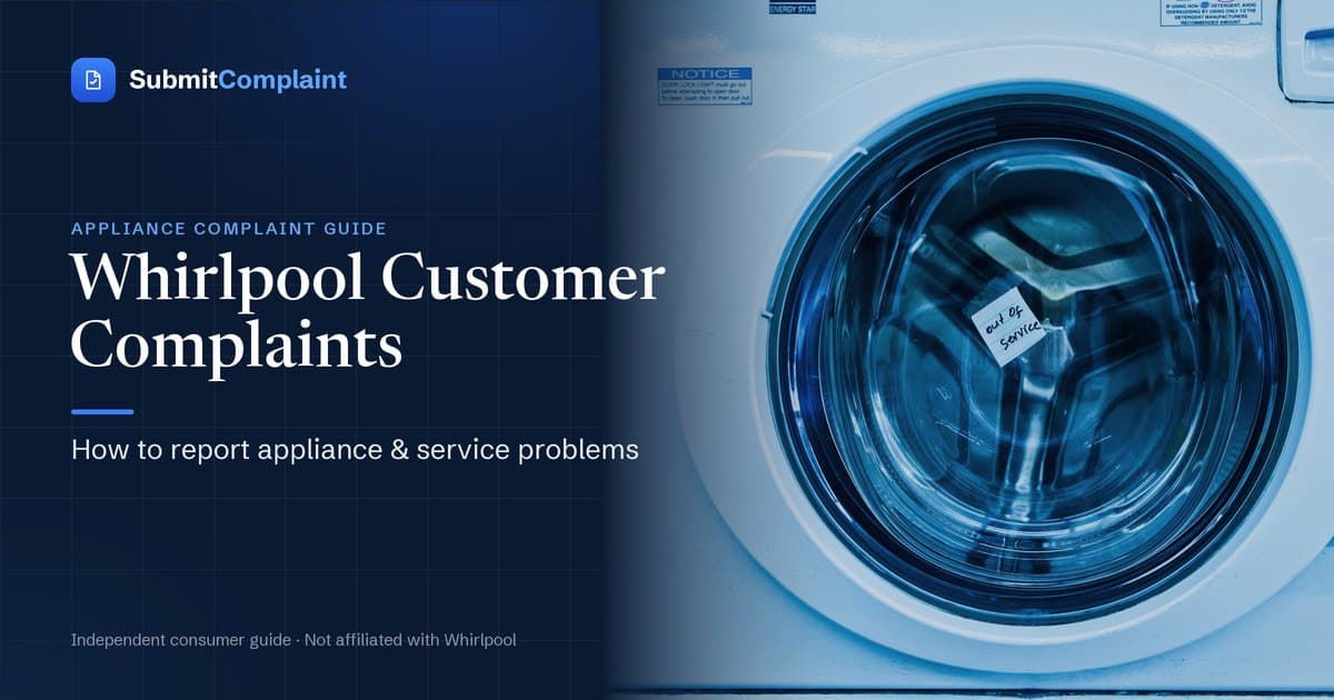 Whirlpool Customer Complaints guide cover showing a front-loading washing machine with an out of service note