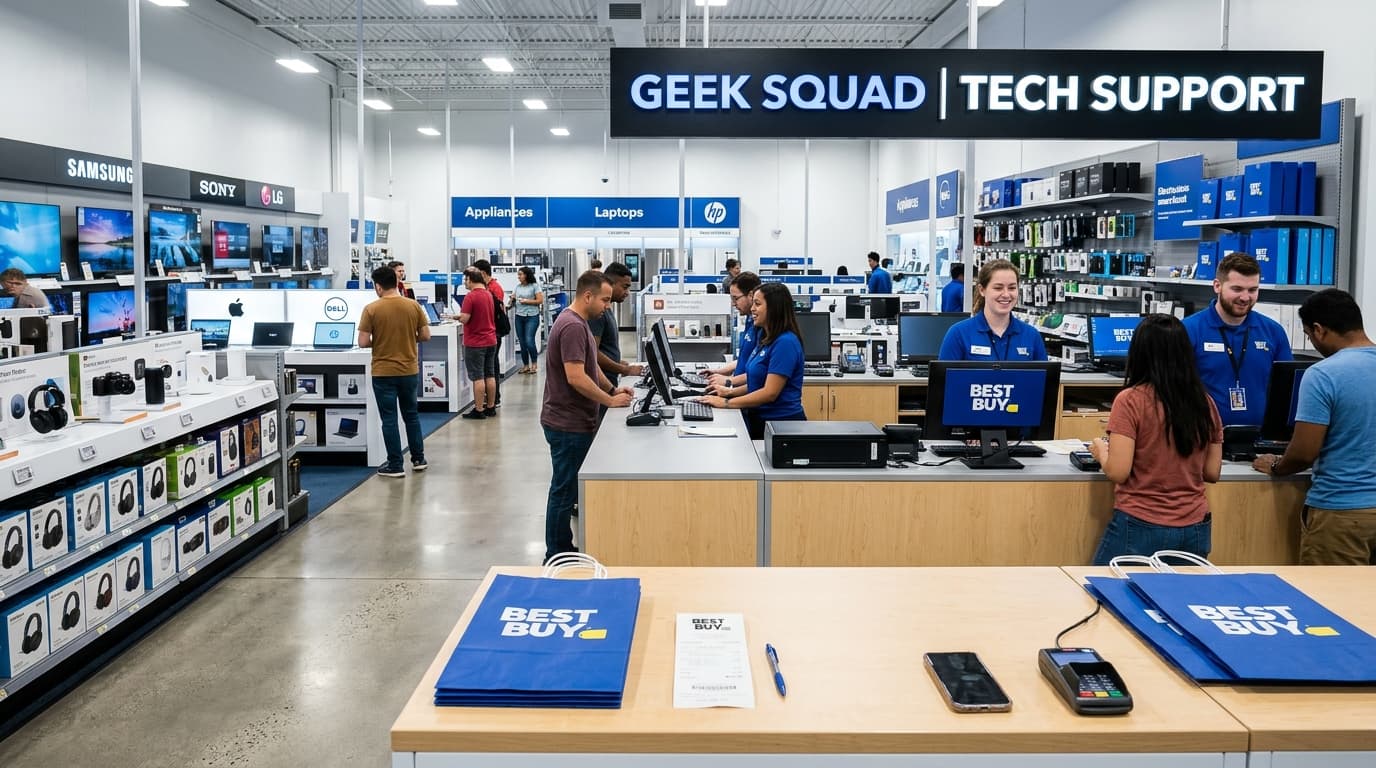 How to File a Best Buy Complaint: Repairs, Returns and Refunds Best Buy customer service and Geek Squad tech support desk with electronics displays